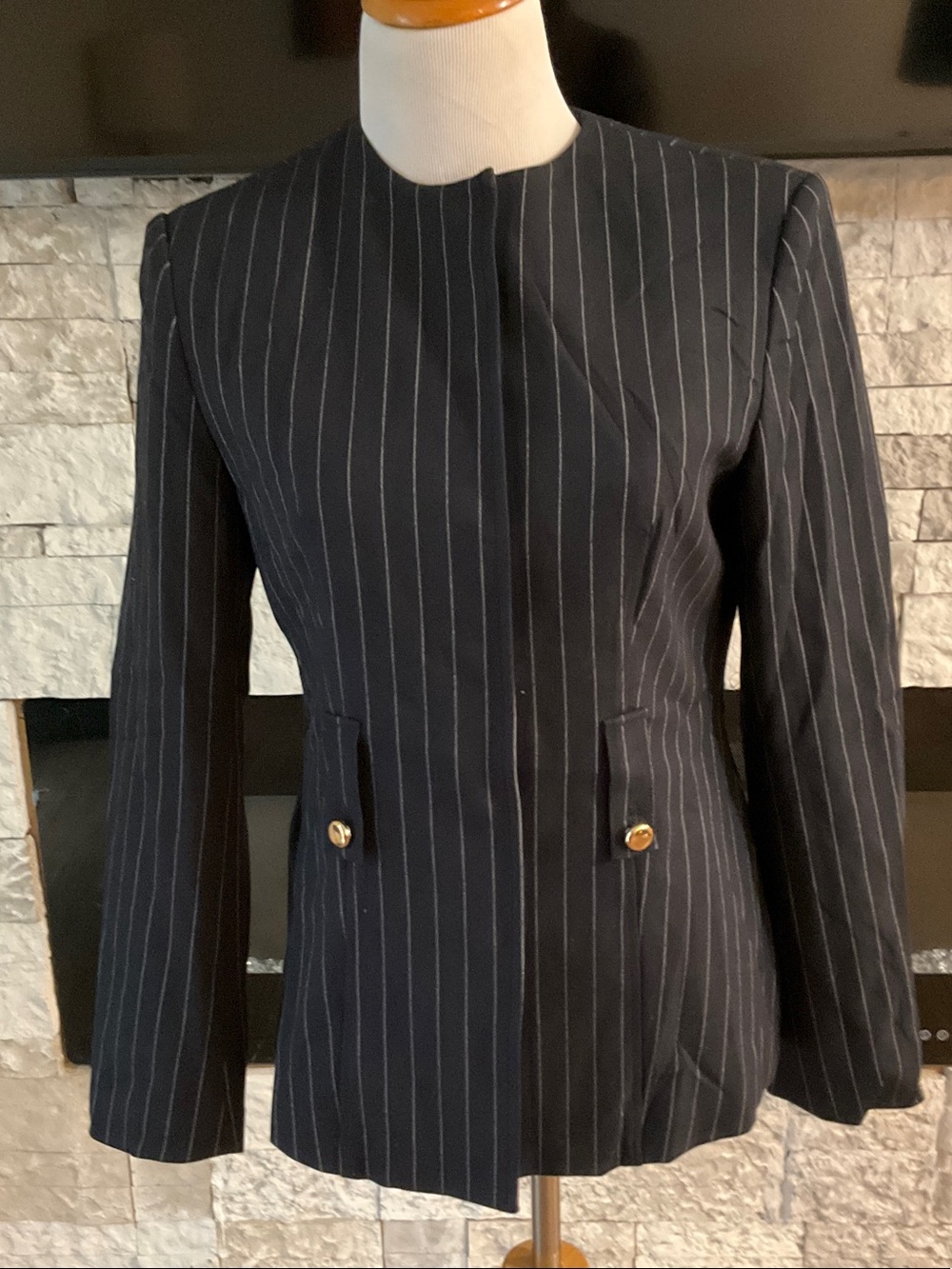 Commense Women's Navy Blue Pinstripe Button Front Jacket Size S